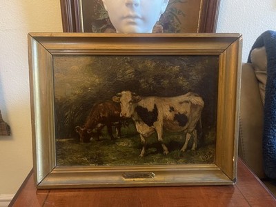 Antique 19thC Oil Painting - Cow Pastoral Rural Scene -  When Day Is Over  