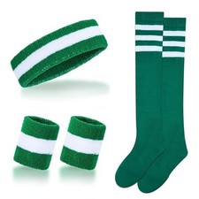 Striped Sweatbands Set Sports Headband and Wristbands White and Green