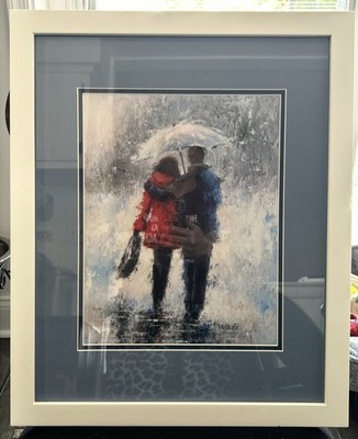 Rain Romance II Artist Vickie Wade Blue Matte White Frame Impressionist 22 H