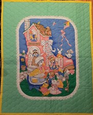 Handmade Quilted Nursery Baby Blanket 35  x43  Pastels Nursery Rhymes Vtg