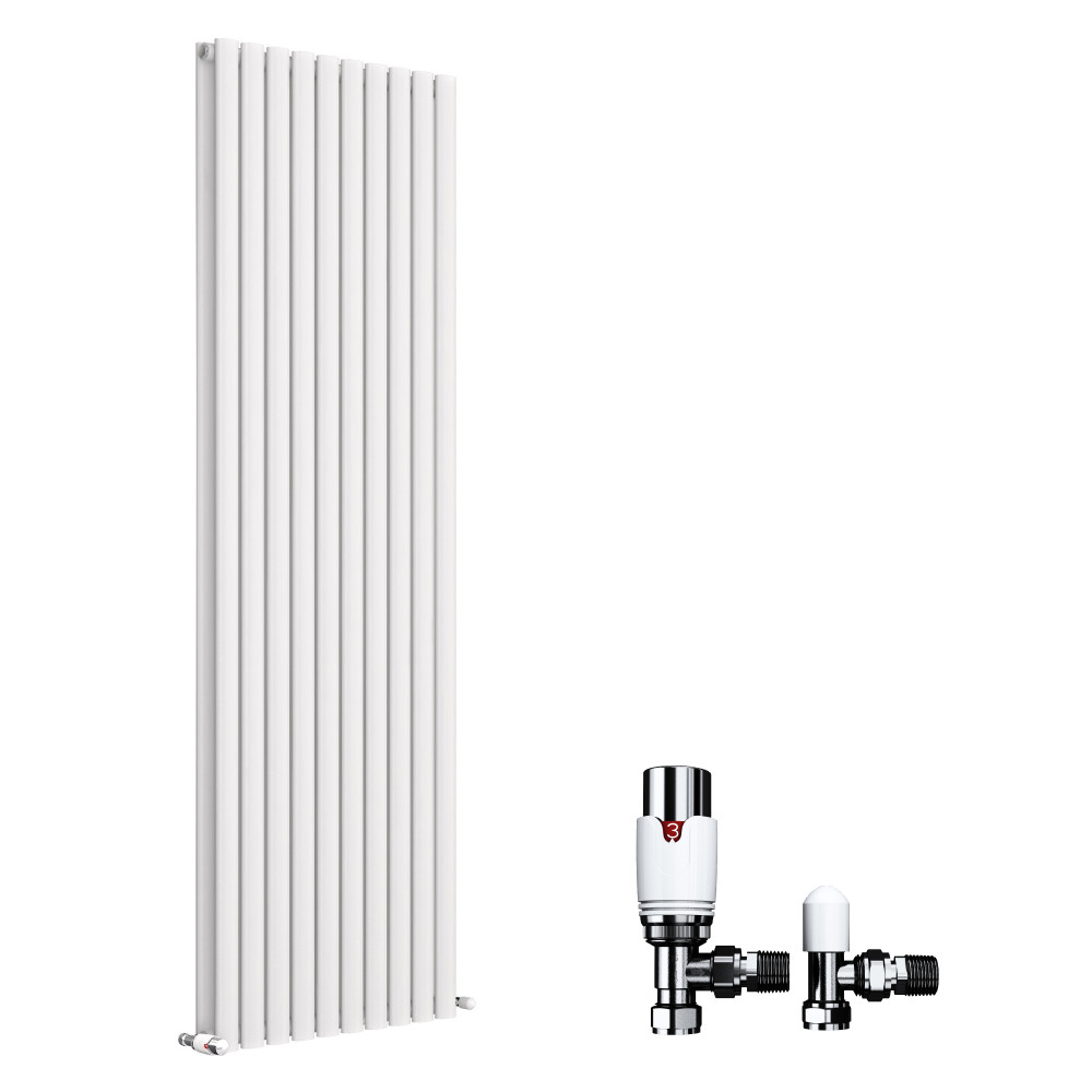 Designer Radiator Vertical Double Modern Oval Panel Matt White Valves 1800x600mm