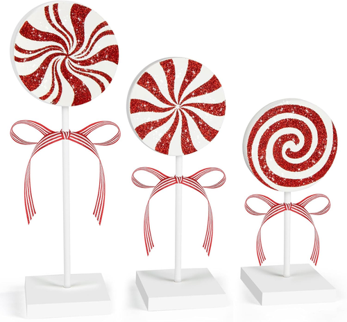 3 Pieces Christmas Table Decorations Wood Candy Set, Red Christmas Tiered Tray