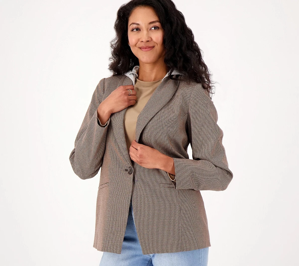 GRAVER Susan Graver Petite Yarn-Dyed Blazer w/ Hood - Chocolate