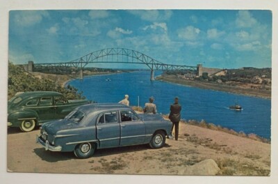 1953 MA Postcard Cape Cod Canal Bourne Buzzards Bay vintage 1950s autos boats
