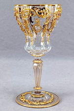 Moser Enameled Floral & Raised Gold Scrollwork AGS Monogram Clear Goblet