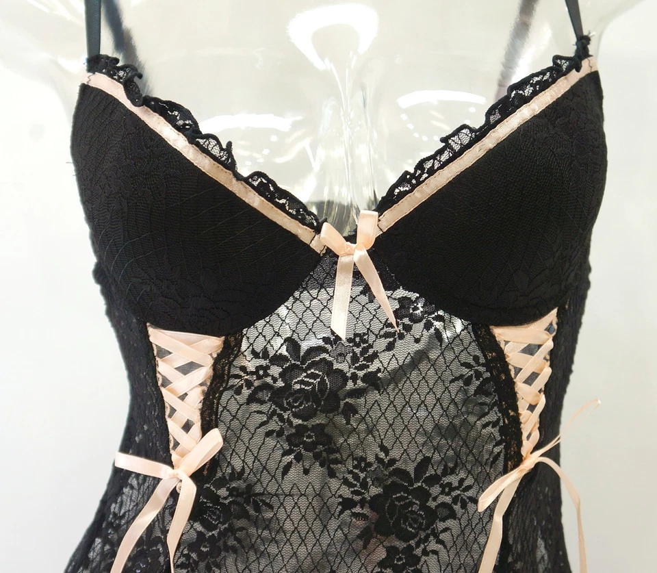 Conjunto Babydoll y Tanga Biatta Intimates Negro con Cordones Transparente para Mujer 34C Foto 2 de 4