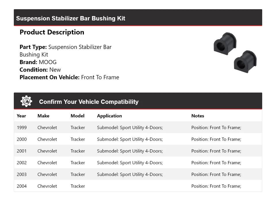 Kit de buje de barra estabilizadora de suspensión para Chevrolet Tracker 1999-2004 MOOG 1999 Foto 2 de 4