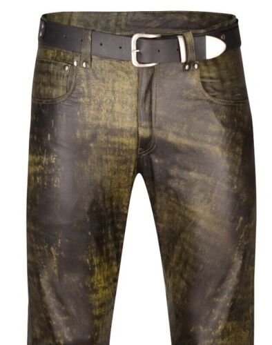 LEATHER PANTS green olive antique leather jeans NEW leather trousers green antique leather - Picture 1 of 4