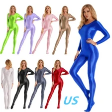 Womens Oil Glossy Full Body Bodysuit Silky Solid Color Long Sleeve Jumpsuits