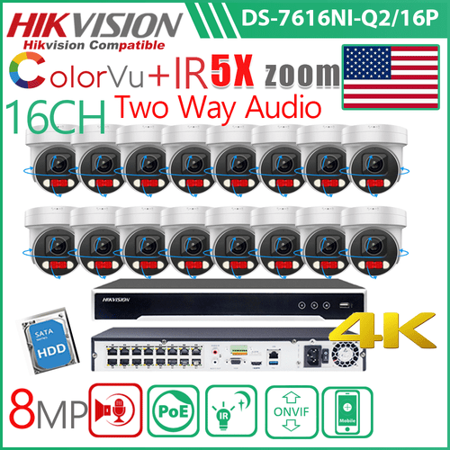 Hikvision 16CH 4K 8MP 5X ZOOM PTZ 2Way Audio ColorVu IP camera 16POE System Lot