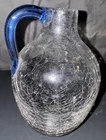 Blenko ? Crackle Glass Pitcher Vase Applied Blue Handle 8x5