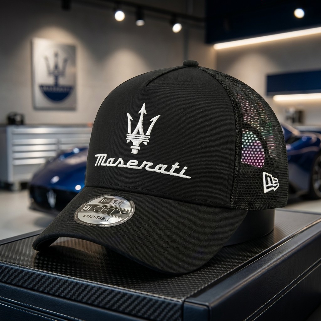 Maserati Logo Embroidered 9FORTY Trucker Hat Black Mesh Snapback Cap