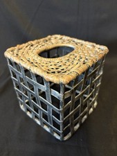 VTG Woven Bamboo Rattan Pewter Napkin Holder Square Natural Rare