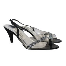 Vintage 90s Clear and Black Rhinestone Peep Toe Slingback Heels 9 N
