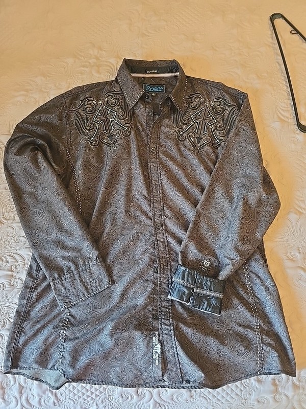 Roar Signature Dark Gray/Black/White Embroidered Western Shirt Mens XXL 