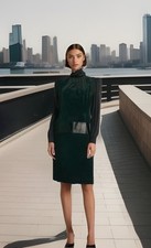 Vintage Albert Nipon Mock Neck Satin Stripe Midi Dress Size 4 Luxury Designer