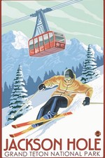 Jackson Hole Skiing Poster Grand Teton National Park Retro Wall Art Print