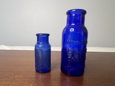 Pair Antique Cobalt Blue Embossed Bromo Seltzer Emerson Drug Baltimore Bottles
