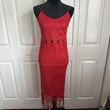 Vtg Skirt Set Womens S Red Crochet Fringe Crop Top Midi Party USA Flapper 90s
