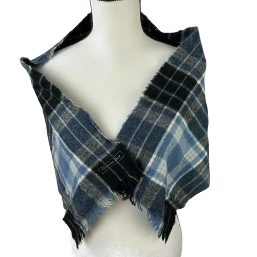 Foulard vintage Christian Dior à carreaux bleu 100% laine mérinos frangé @ 46x12"