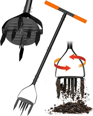Hand Tiller Cultivator with 5.1 Inch Deep 8 Steel Teeth, Manual Soil Tiller Gard
