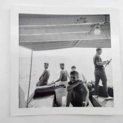 Vintage 1968 Deep Sea Fishing Trip KAFB Black & White Snapshot Photo Men on Boat