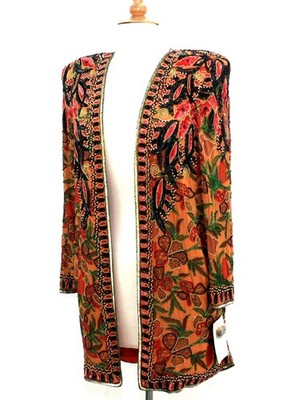 JASDEE VintageBeaded SilkJacket: Hand-Printed FloralDesign, 32''Length Style 6100