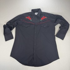 ELY Cattleman Shirt Mens L Black Pearl Snap Roses Embroidered Western Cowboy