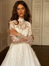 Modest High Collar Long Sleeve Wedding Dress Classic Lace Applique Dress Sparkly