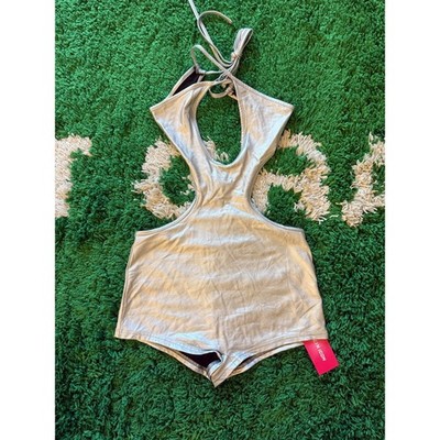 Shein Icon Silver Metallic Cutout Halter Romper Festival Rave Bodysuit Small (B)