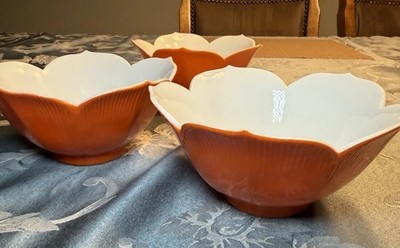 Set of 3 Vintage Orange Lotus Flower Porcelain Bowls - Scalloped Ribbed Petal