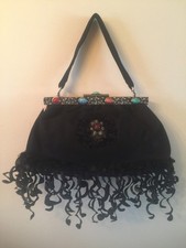 VINTAGE PURSE BLACK SUEDINE/LEATHER HANDBAG-FRINGE-13" LONG-STYLISHLY CRAFTED