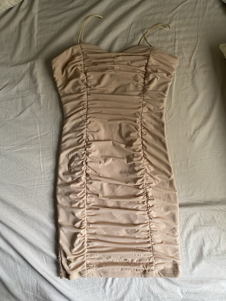 tiger mist nude ruched mini dress bodycon party dress size 10