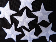 White stars, iron on, embroidered, patches, 25mm/1 inch across, 10 packs of ten