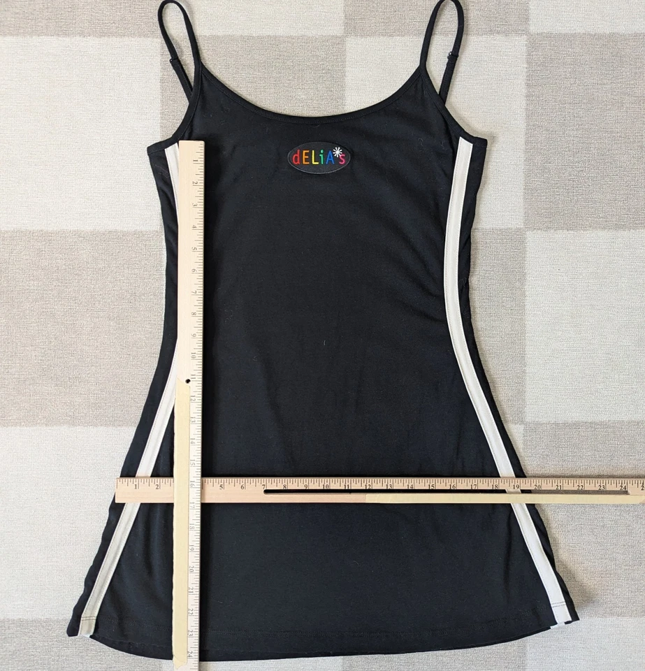 Delia’s 90s Y2K Black White Sporty Logo Spaghetti Strap Flare Mini Dress Size L - Image 3 of 4