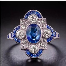 Art Deco Style 1.50Ct Sapphire Lab-Created Diamond Halo Ring Accents 925 Silver