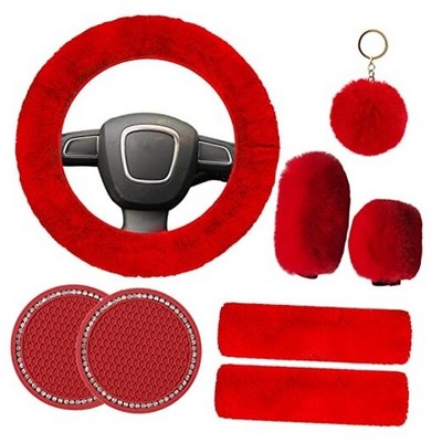 Cute Fluffy Steering Wheel Cover Set for Women,  1 Set 8 Pieces Fluffy Car Red
