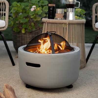 Barton MGO Concrete 18'' Round Charcoal Wood Burning Firepit, Grate, BBQ Grill