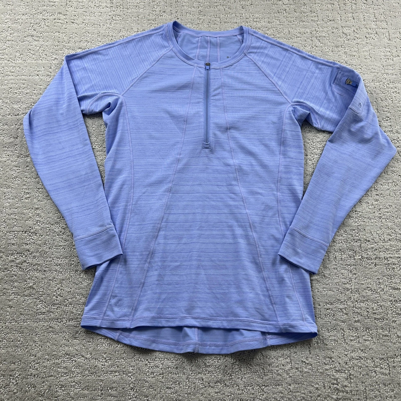 Athleta Pullover Womens Medium Purple Long Sleeve 1/4 Zip Pocket Striped Raglan