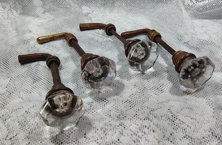 4 Antique Vintage Glass and Brass Door Handles Crystal Doorknobs with Shaft