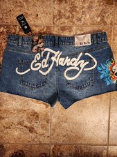 Ed Hardy Jean Shorts Womens Size 32 Blue Denim Cut Off Traditional Art Born Free