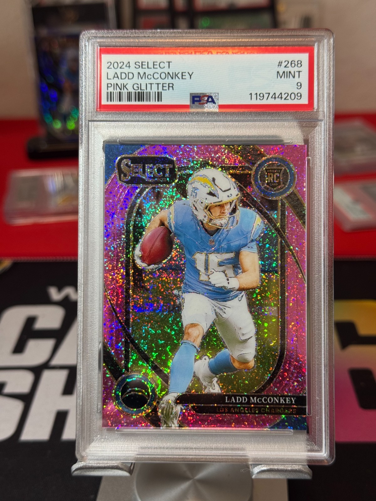 Ladd McConkey 2024 Select FOTL Pink Glitter /15 PSA 9 MINT Chargers Rookie #268