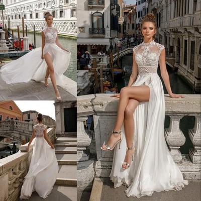 Beach Split Wedding Dresses Sheer Neck Bridal Gowns Beaded Boho A Line Chiffon