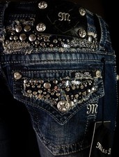 118 Buckle Miss Me Jeans "Rhinestone Sequins Studs" Flaps Yoke Boot 29 X 30