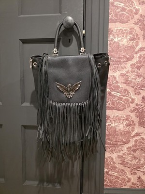 Philipp Plein Designer Black Leather Fringe Bag Crossbody, Shoulder And Handbag