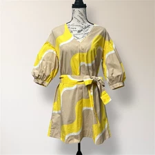 Chinti & Parker Tan Yellow Wave Print Belted V Neck Puff Sleeve Mini Dress Boho