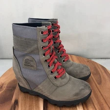 Sorel Lexie Womens Wedge Lace Up Boots Gray Red Size 7 Comfort Booties