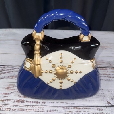 Vintage Cookie Jar. Antique Purse. 10'' Tall. Navy, White, Gold. David's.