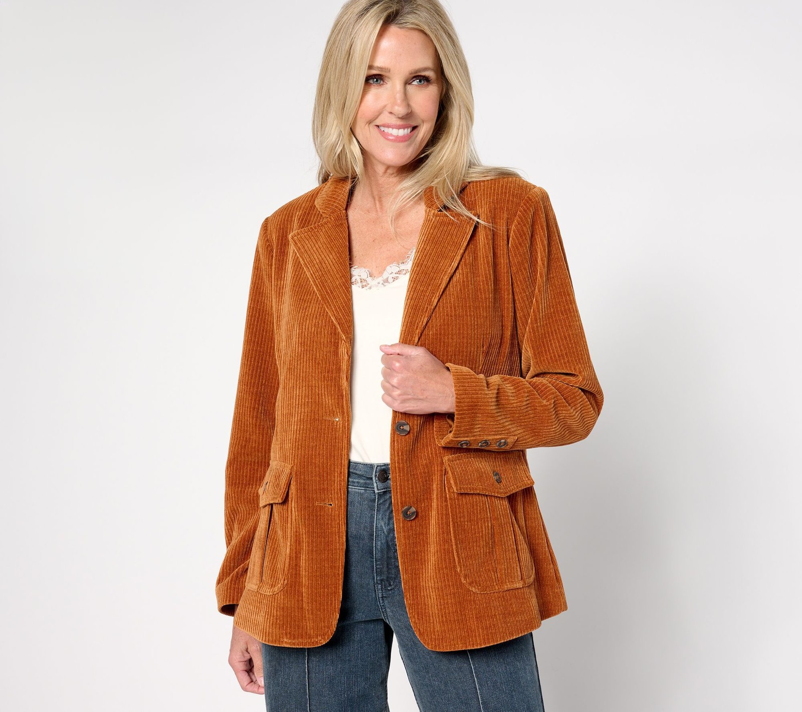 by Stacy London Women's Plus Sz Jacket 1X Button Front Corduroy Brown A693342