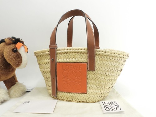 Loewe Small Basket Bag Natural Orange Tan Palm Leaf Leather Tote from japan